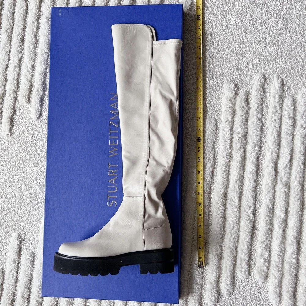 STUART Weitzman 5050 Ultralift Leather Over the Knee Platform Boots White US 6.5